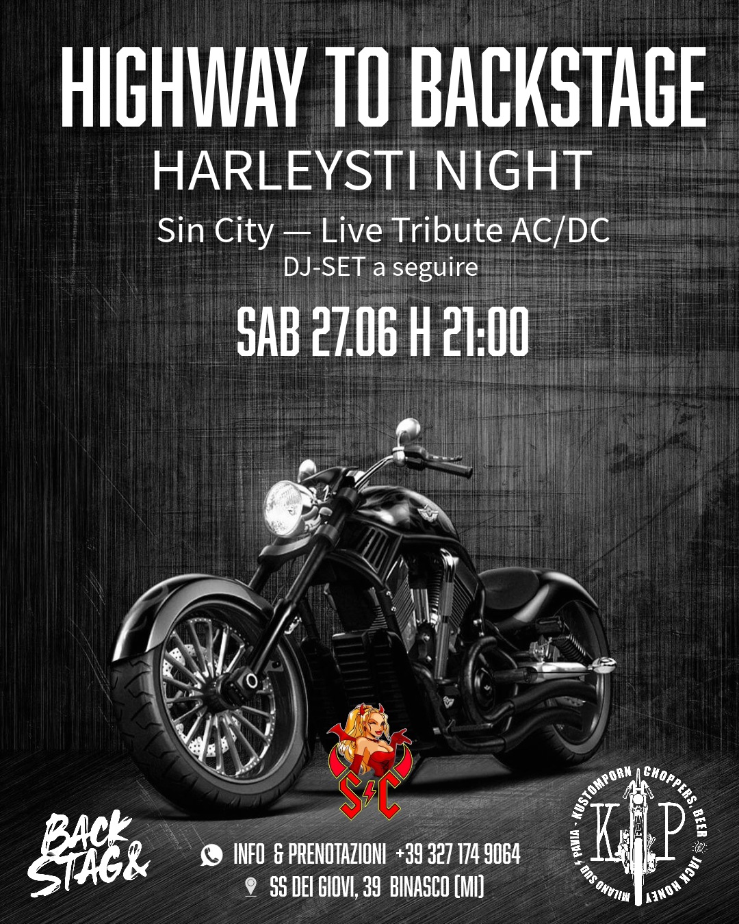 Sin City live al Back Stage Binasco — Harleysti Night, 27 giugno 2026